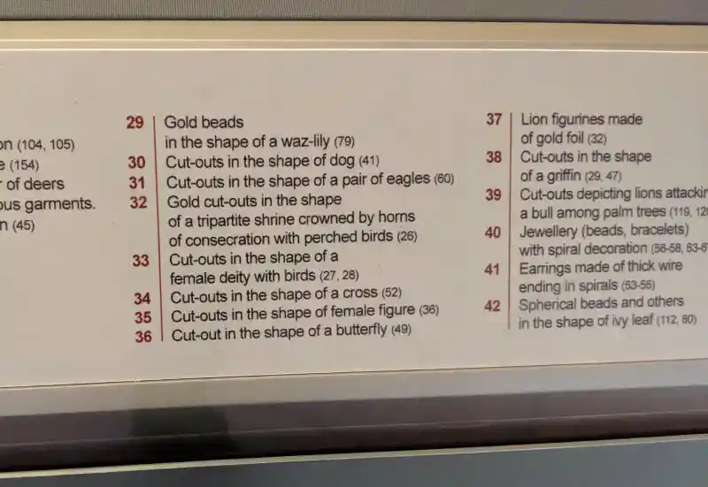 Gold beads, cut outs, and figures showing sacred animals and symbols